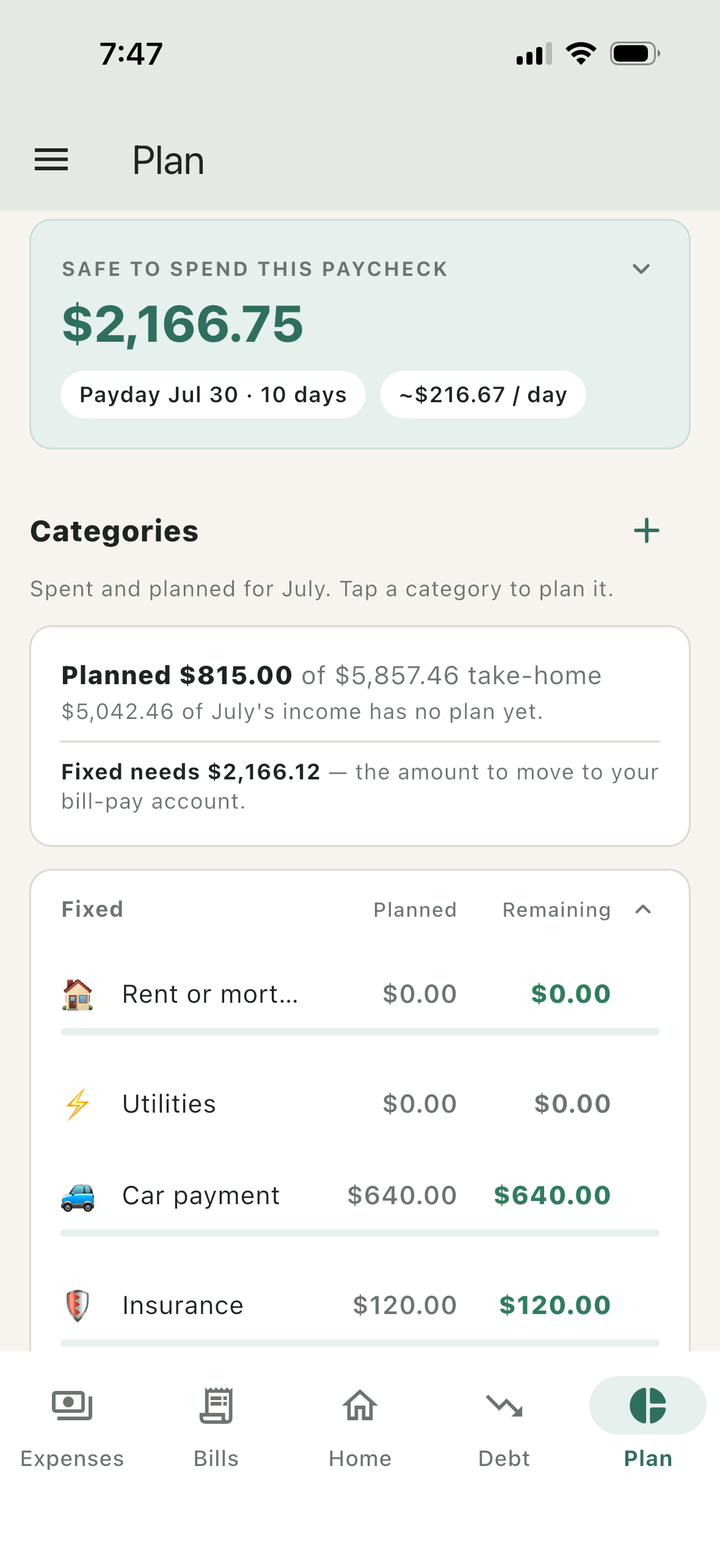 The Calmo Plan screen: safe to spend this paycheck, daily pace, and category planning against take-home.